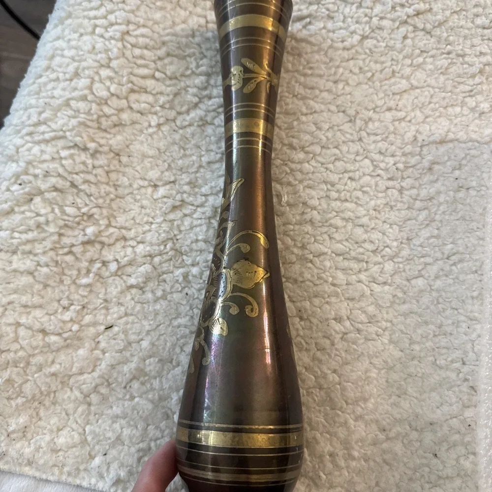 Etched Brass Vase Floral Engraved Vintage Ornate Fluted Boho 11.5